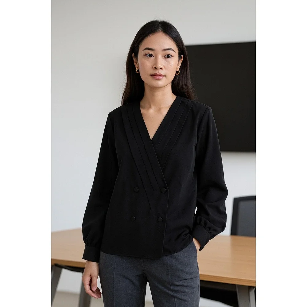 Yves St. Clair Blouse Vtg Double Breasted Size 8 V-neck Bishop Long Sleeve Black